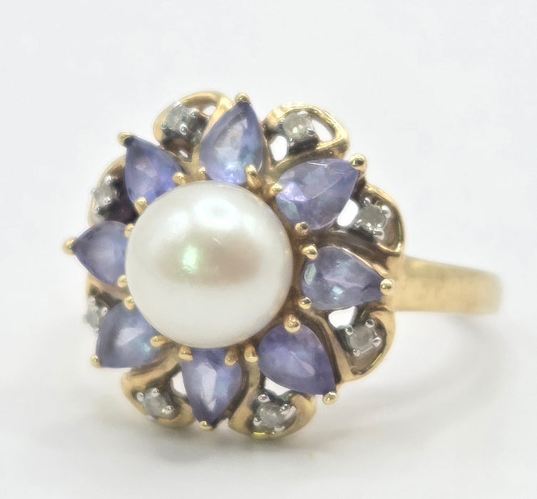 Vintage: 9ct Gold Pearl, Tanzanite & Natural Diamond Flowerhead Cocktail Ring