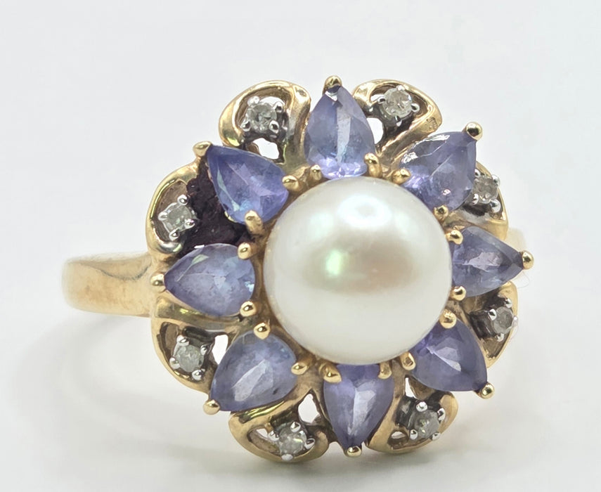 Vintage: 9ct Gold Pearl, Tanzanite & Natural Diamond Flowerhead Cocktail Ring