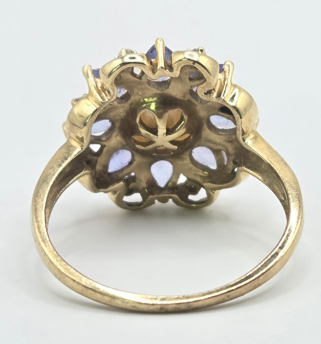 Vintage: 9ct Gold Pearl, Tanzanite & Natural Diamond Flowerhead Cocktail Ring