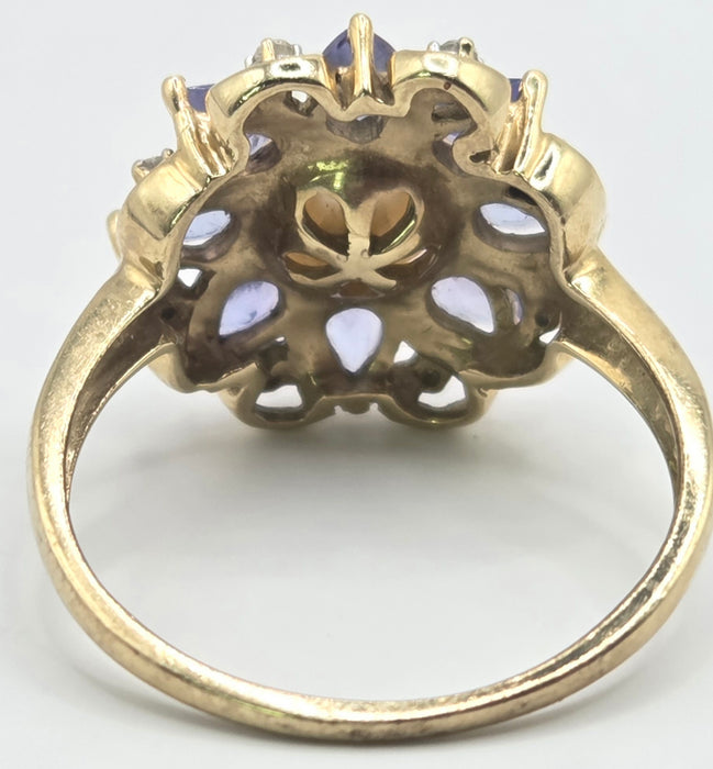 Vintage: 9ct Gold Pearl, Tanzanite & Natural Diamond Flowerhead Cocktail Ring