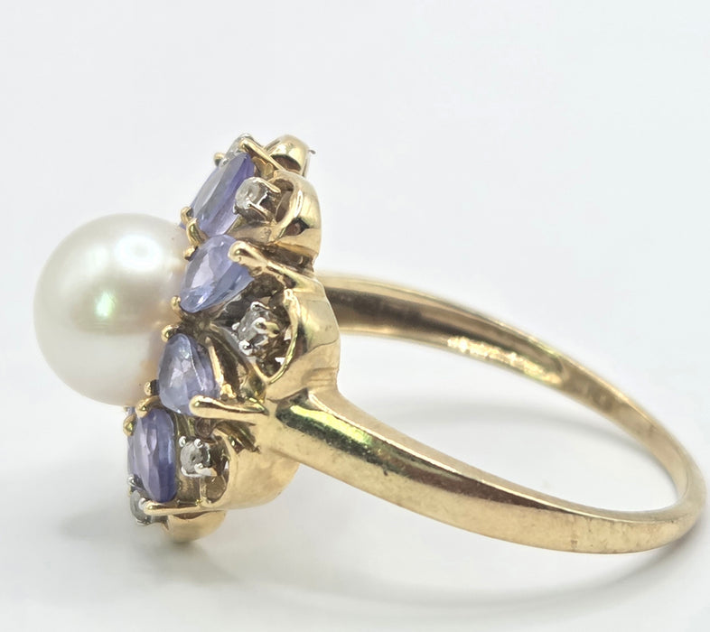 Vintage: 9ct Gold Pearl, Tanzanite & Natural Diamond Flowerhead Cocktail Ring