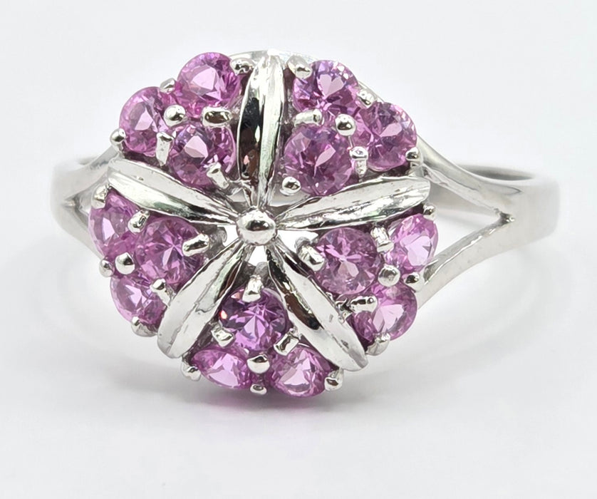6545 Vintage: 18ct White Gold Pink Sapphire Cluster Cocktail Ring
