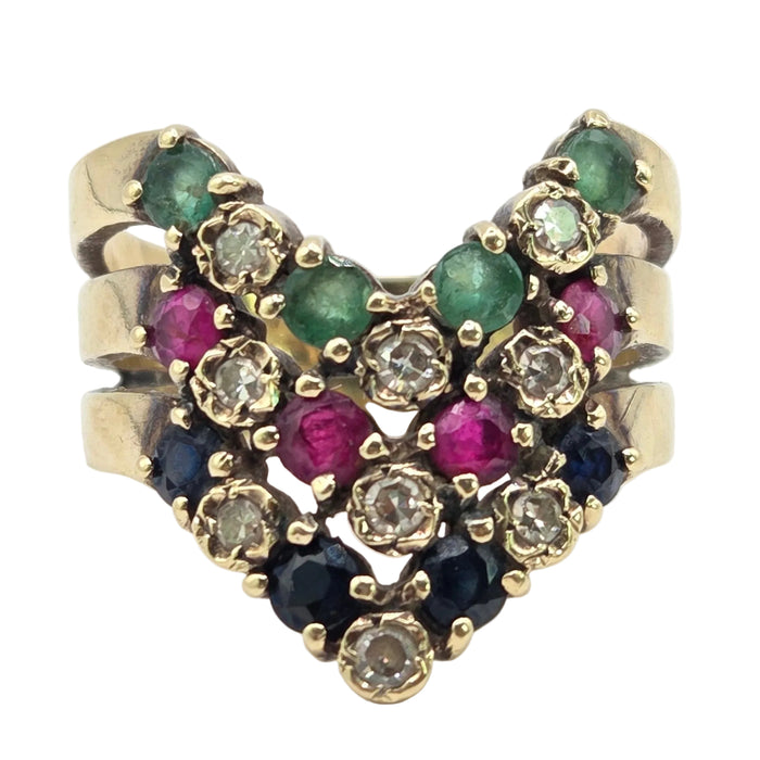 2974 Vintage: 9ct Yellow Gold Ruby, Emerald, Sapphire & Diamond Chevron Cluster Ring — From 1978