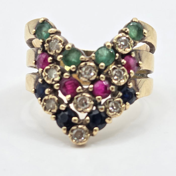 2974 Vintage: 9ct Yellow Gold Ruby, Emerald, Sapphire & Diamond Chevron Cluster Ring — From 1978