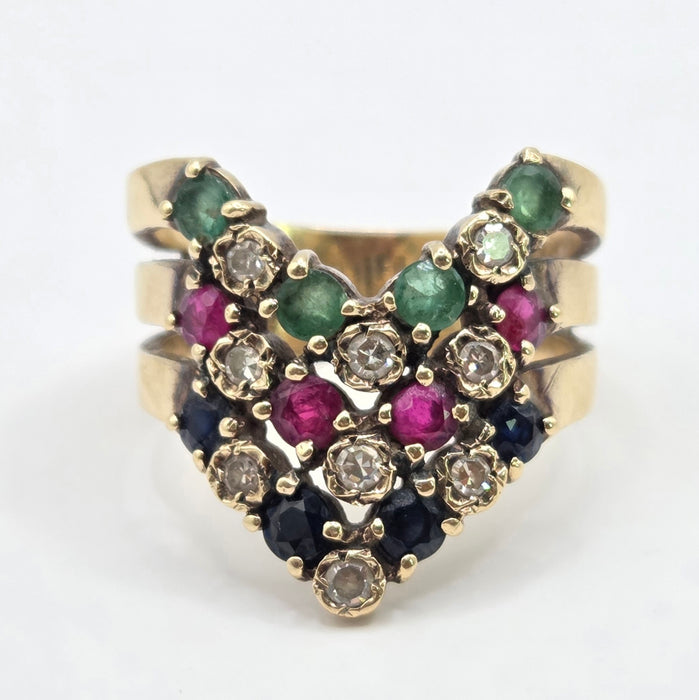 2974 Vintage: 9ct Yellow Gold Ruby, Emerald, Sapphire & Diamond Chevron Cluster Ring — From 1978