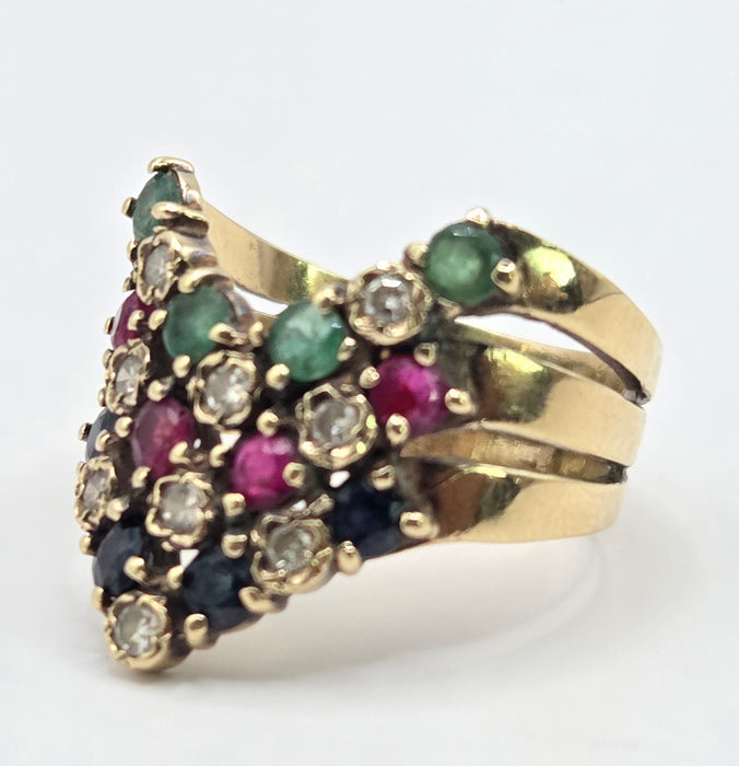 2974 Vintage: 9ct Yellow Gold Ruby, Emerald, Sapphire & Diamond Chevron Cluster Ring — From 1978