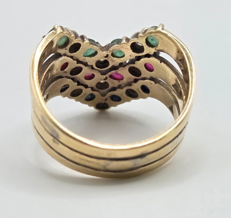 2974 Vintage: 9ct Yellow Gold Ruby, Emerald, Sapphire & Diamond Chevron Cluster Ring — From 1978