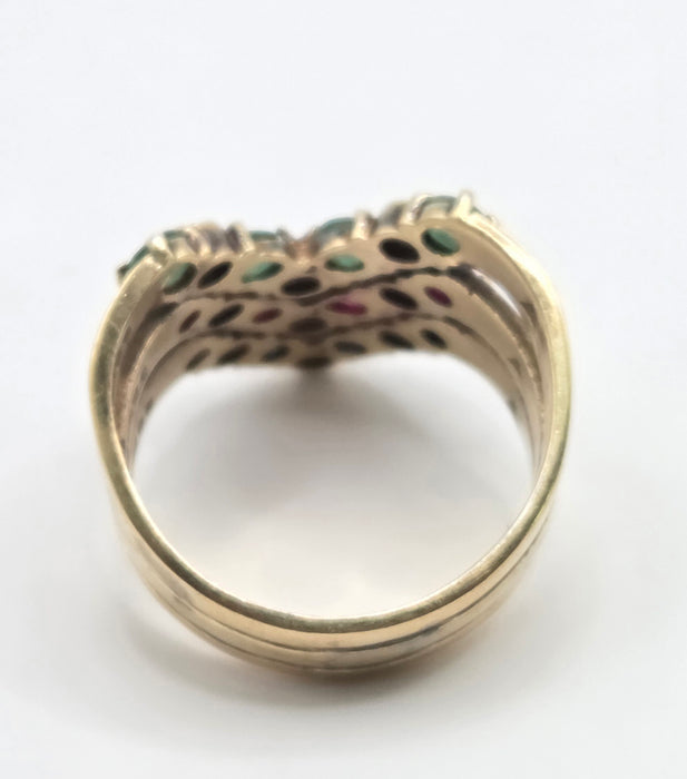 2974 Vintage: 9ct Yellow Gold Ruby, Emerald, Sapphire & Diamond Chevron Cluster Ring — From 1978