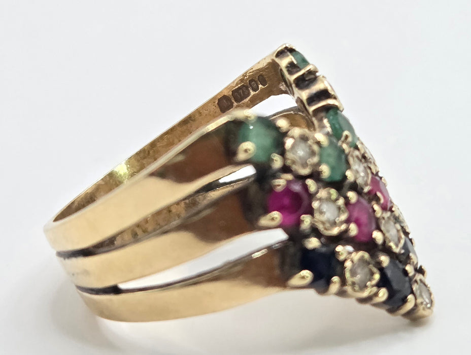 2974 Vintage: 9ct Yellow Gold Ruby, Emerald, Sapphire & Diamond Chevron Cluster Ring — From 1978