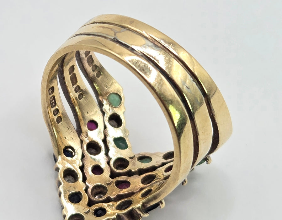 2974 Vintage: 9ct Yellow Gold Ruby, Emerald, Sapphire & Diamond Chevron Cluster Ring — From 1978