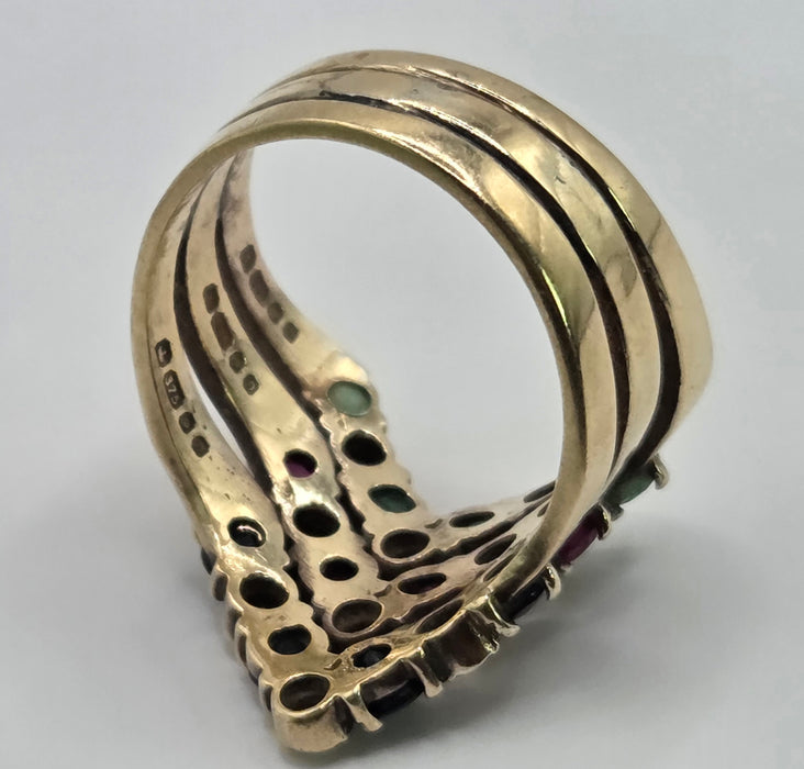 2974 Vintage: 9ct Yellow Gold Ruby, Emerald, Sapphire & Diamond Chevron Cluster Ring — From 1978