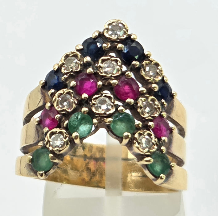 2974 Vintage: 9ct Yellow Gold Ruby, Emerald, Sapphire & Diamond Chevron Cluster Ring — From 1978