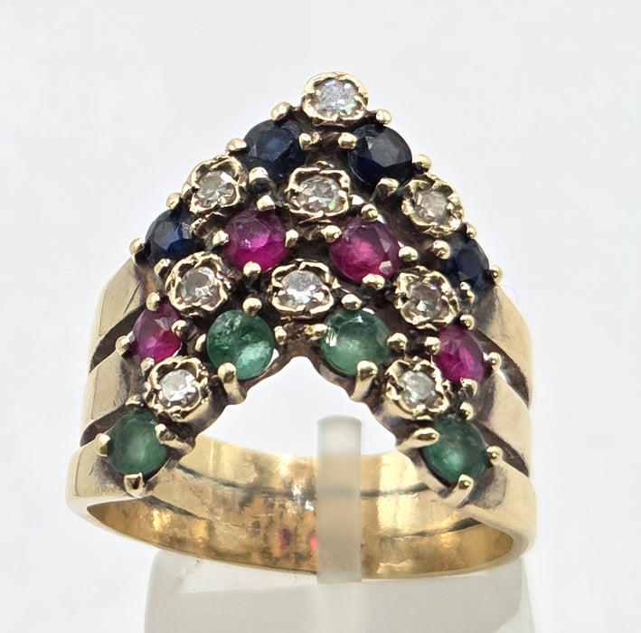 2974 Vintage: 9ct Yellow Gold Ruby, Emerald, Sapphire & Diamond Chevron Cluster Ring — From 1978