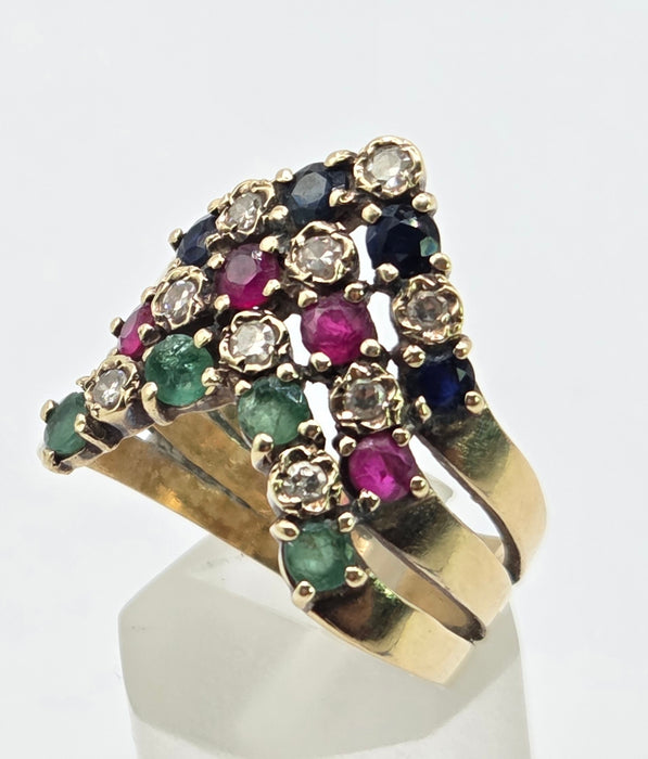 2974 Vintage: 9ct Yellow Gold Ruby, Emerald, Sapphire & Diamond Chevron Cluster Ring — From 1978