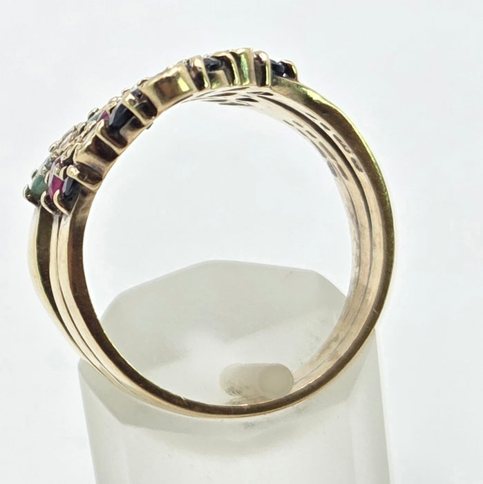 2974 Vintage: 9ct Yellow Gold Ruby, Emerald, Sapphire & Diamond Chevron Cluster Ring — From 1978