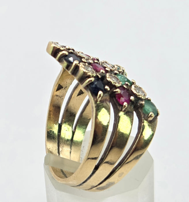 2974 Vintage: 9ct Yellow Gold Ruby, Emerald, Sapphire & Diamond Chevron Cluster Ring — From 1978