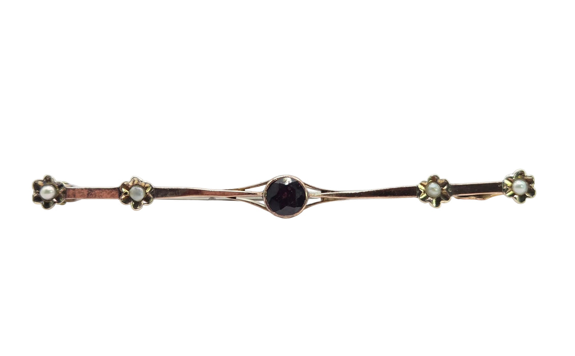Vintage: 9ct Rose Gold Garnet & Seed Pearl Bar Brooch