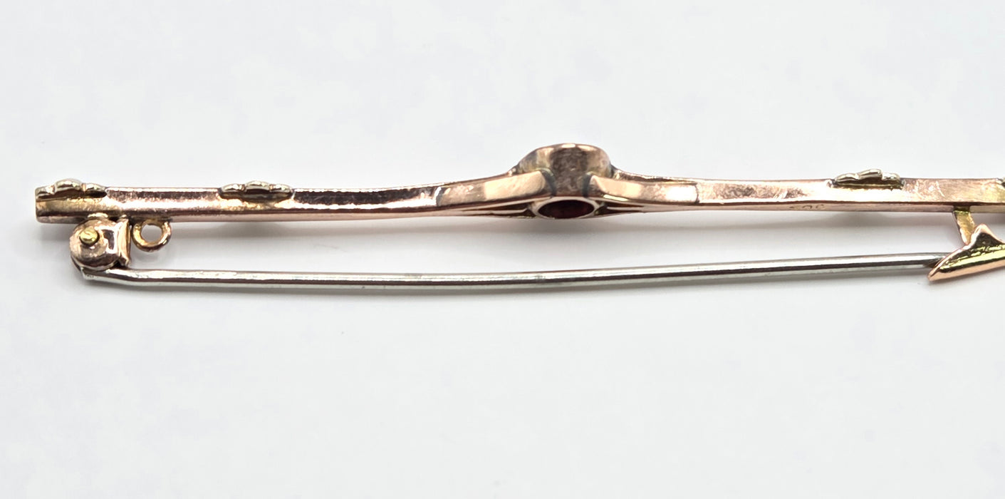 Vintage: 9ct Rose Gold Garnet & Seed Pearl Bar Brooch