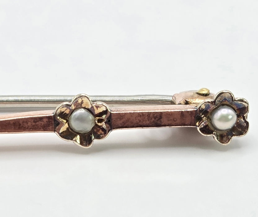 Vintage: 9ct Rose Gold Garnet & Seed Pearl Bar Brooch