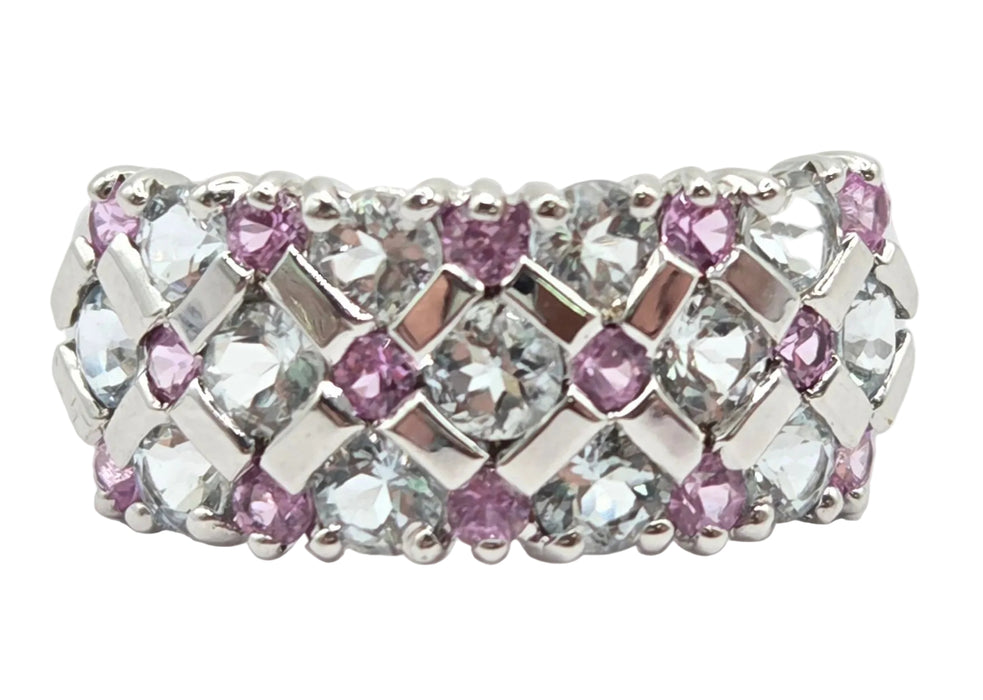Vintage: 9ct White Gold Pink Sapphire & Tanzanite Openwork Ring