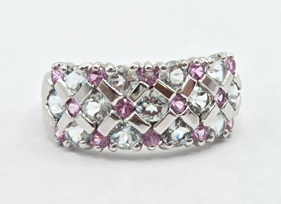 Vintage: 9ct White Gold Pink Sapphire & Tanzanite Openwork Ring