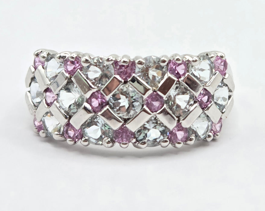 Vintage: 9ct White Gold Pink Sapphire & Tanzanite Openwork Ring
