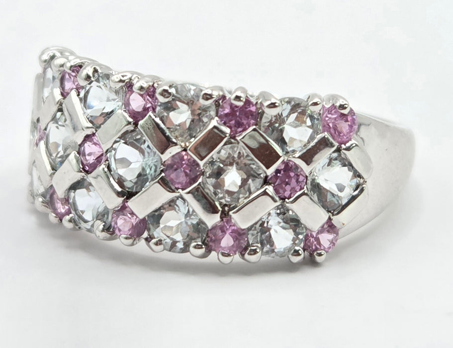 Vintage: 9ct White Gold Pink Sapphire & Tanzanite Openwork Ring