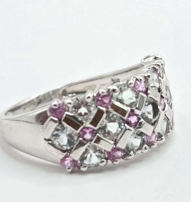 Vintage: 9ct White Gold Pink Sapphire & Tanzanite Openwork Ring
