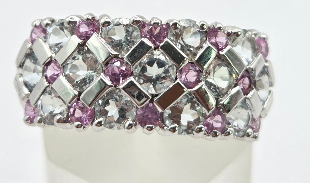 Vintage: 9ct White Gold Pink Sapphire & Tanzanite Openwork Ring
