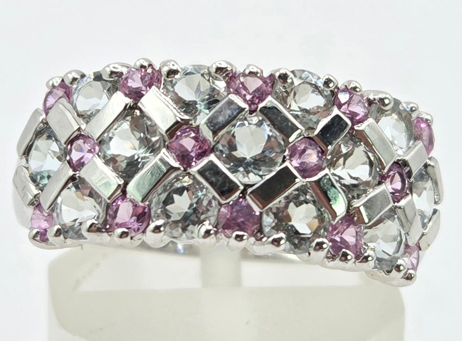 Vintage: 9ct White Gold Pink Sapphire & Tanzanite Openwork Ring