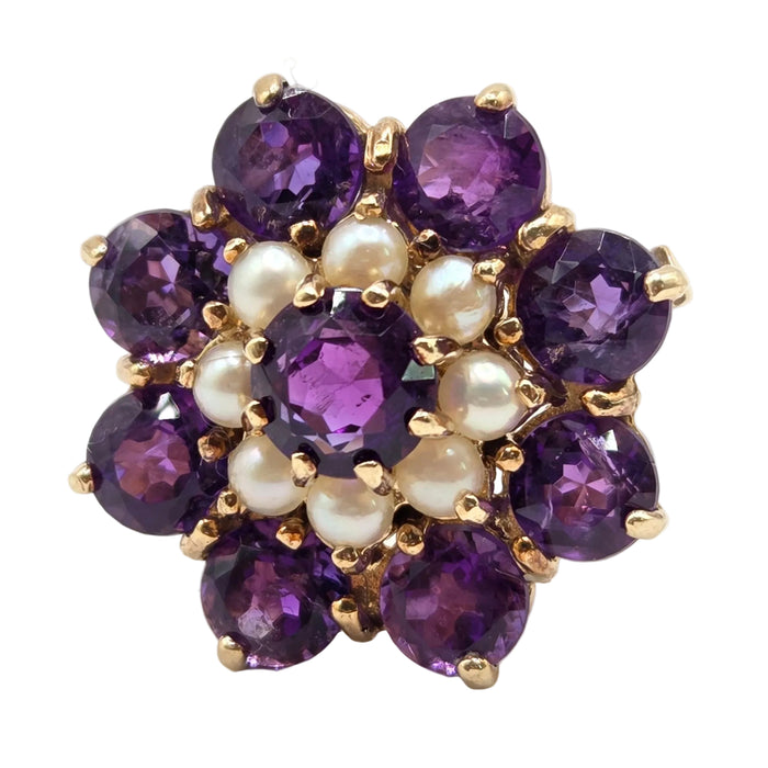 Vintage: 9ct Yellow Gold Amethyst & Seed Pearl Cluster Ring — From 1974