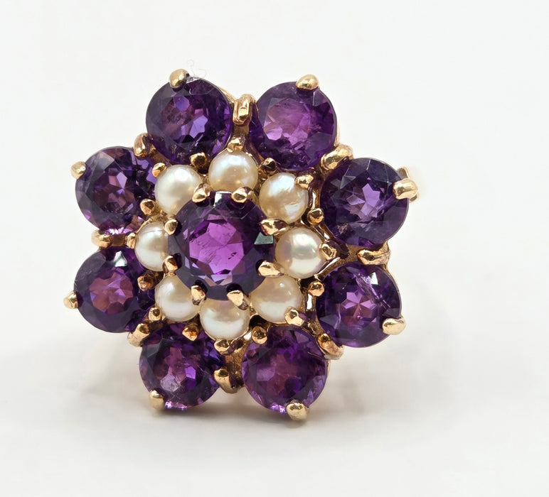 Vintage: 9ct Yellow Gold Amethyst & Seed Pearl Cluster Ring — From 1974