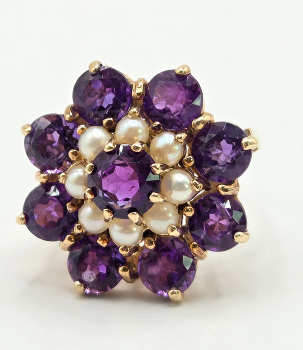 Vintage: 9ct Yellow Gold Amethyst & Seed Pearl Cluster Ring — From 1974