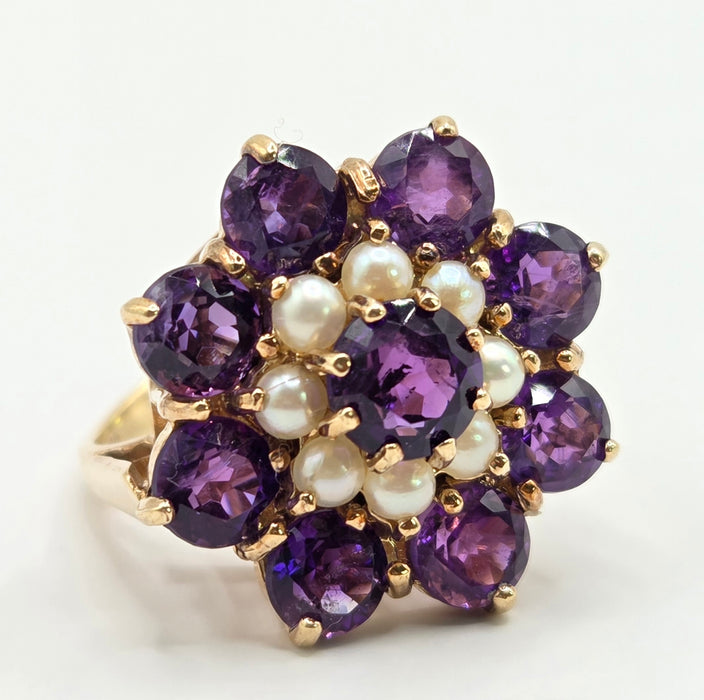 Vintage: 9ct Yellow Gold Amethyst & Seed Pearl Cluster Ring — From 1974
