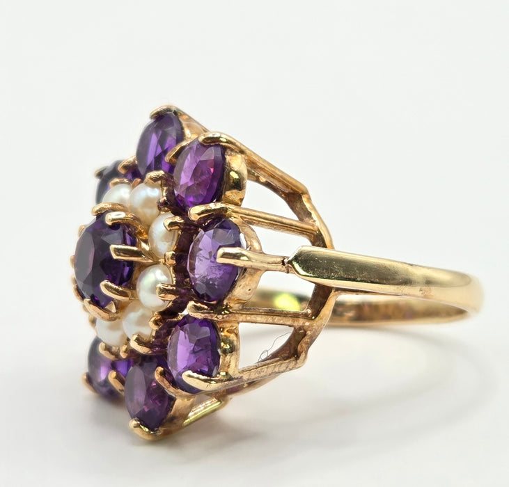 Vintage: 9ct Yellow Gold Amethyst & Seed Pearl Cluster Ring — From 1974