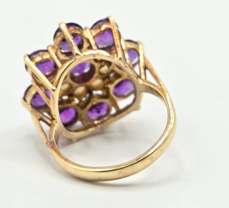 Vintage: 9ct Yellow Gold Amethyst & Seed Pearl Cluster Ring — From 1974