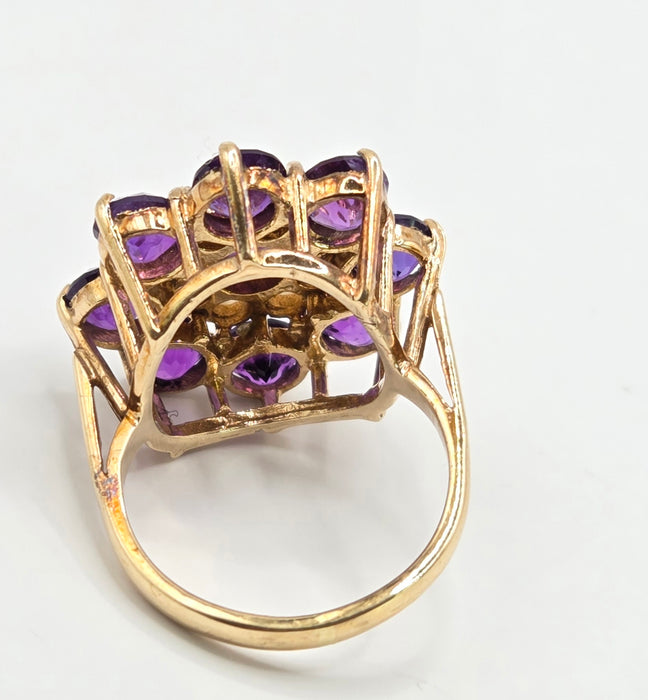 Vintage: 9ct Yellow Gold Amethyst & Seed Pearl Cluster Ring — From 1974