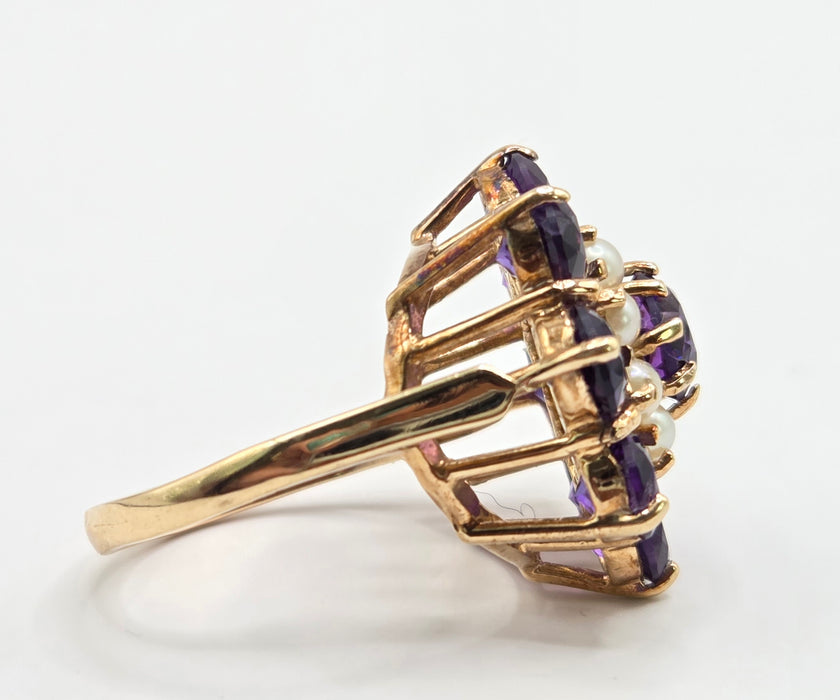 Vintage: 9ct Yellow Gold Amethyst & Seed Pearl Cluster Ring — From 1974