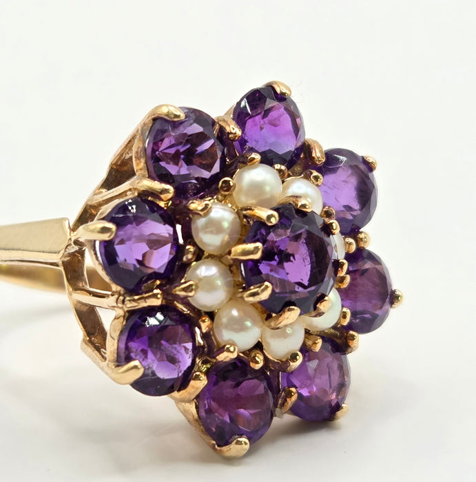 Vintage: 9ct Yellow Gold Amethyst & Seed Pearl Cluster Ring — From 1974