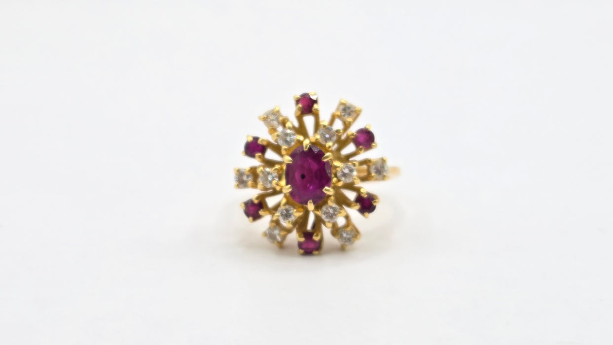 Vintage: 18ct Yellow Gold Ruby & Diamond Stepped Cluster Ring — From 1975 — 0.42ct
