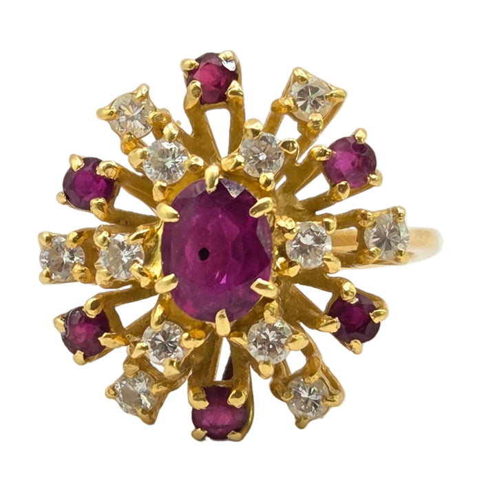 Vintage: 18ct Yellow Gold Ruby & Diamond Stepped Cluster Ring — From 1975 — 0.42ct