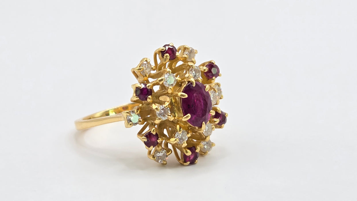 Vintage: 18ct Yellow Gold Ruby & Diamond Stepped Cluster Ring — From 1975 — 0.42ct