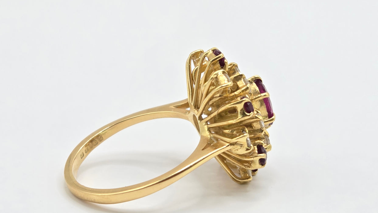 Vintage: 18ct Yellow Gold Ruby & Diamond Stepped Cluster Ring — From 1975 — 0.42ct