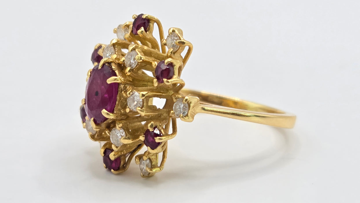 Vintage: 18ct Yellow Gold Ruby & Diamond Stepped Cluster Ring — From 1975 — 0.42ct