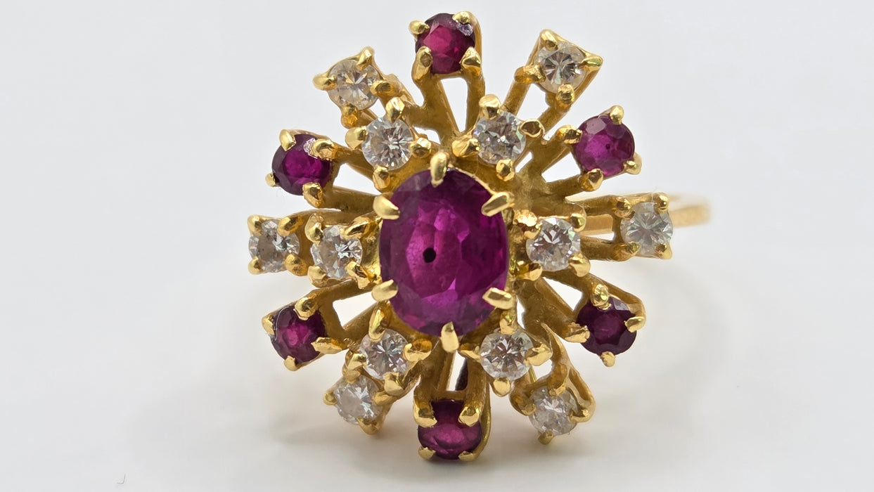 Vintage: 18ct Yellow Gold Ruby & Diamond Stepped Cluster Ring — From 1975 — 0.42ct
