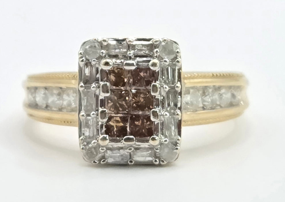 Vintage: 9ct Yellow Gold Cognac & White Diamond Cluster Ring — 1.24ct