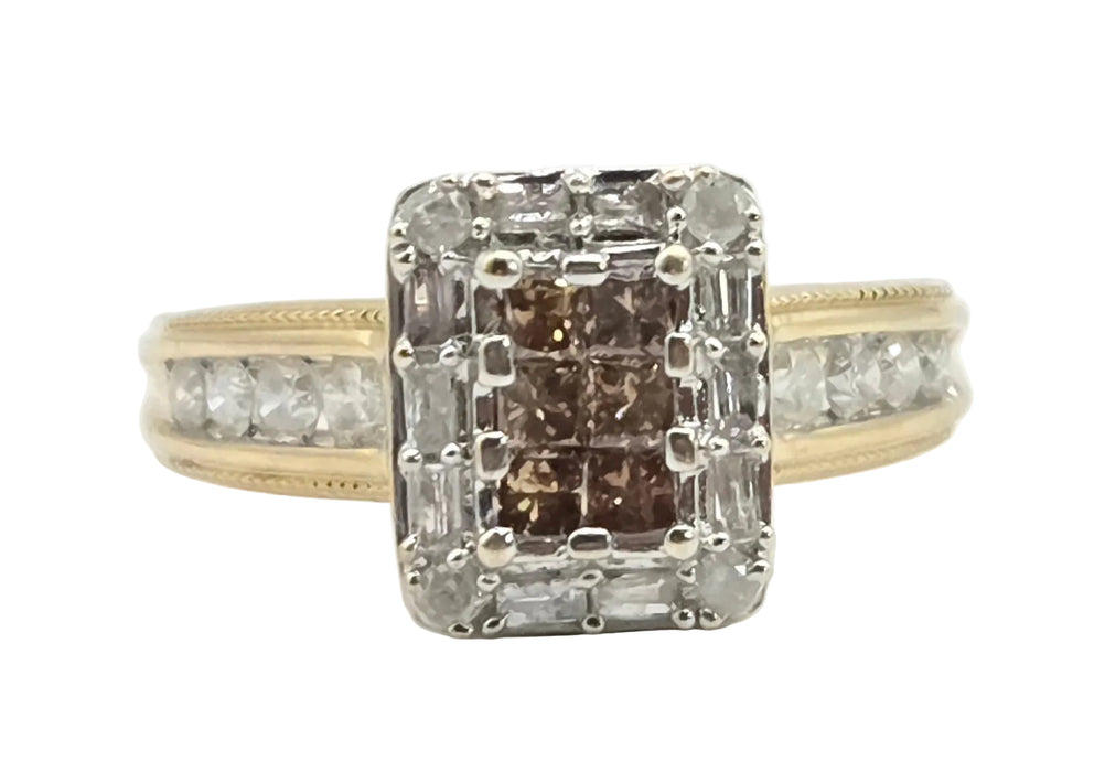 Vintage: 9ct Yellow Gold Cognac & White Diamond Cluster Ring — 1.24ct