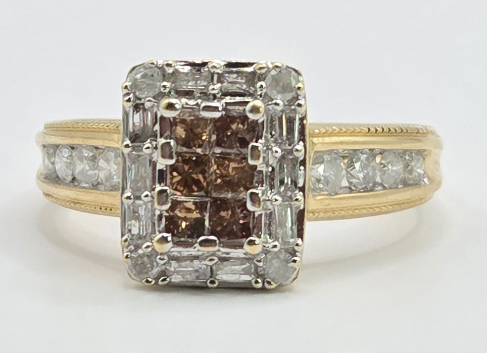 Vintage: 9ct Yellow Gold Cognac & White Diamond Cluster Ring — 1.24ct