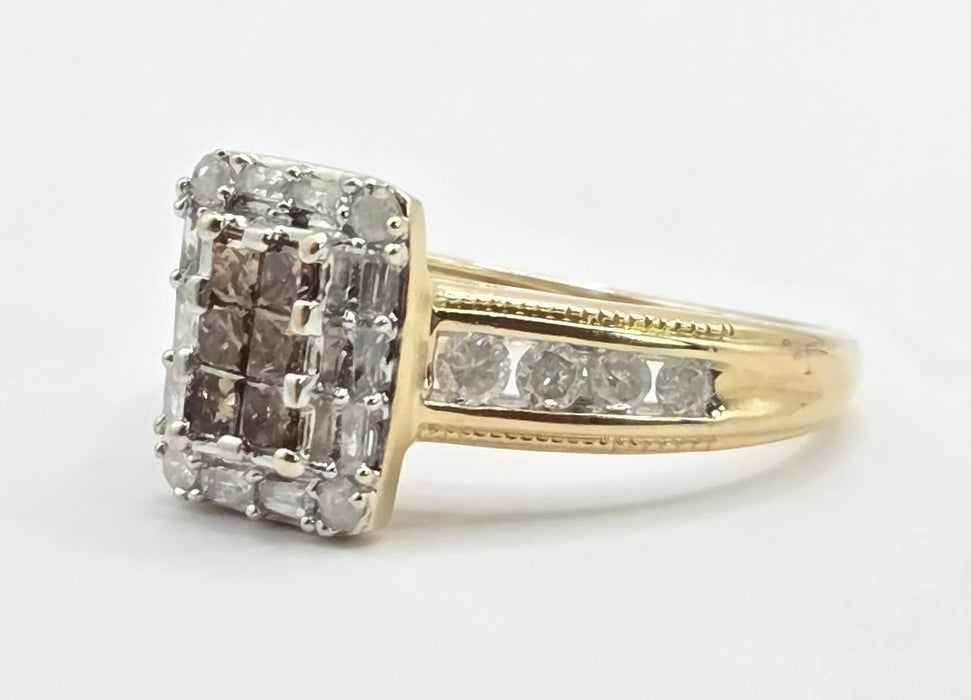 Vintage: 9ct Yellow Gold Cognac & White Diamond Cluster Ring — 1.24ct