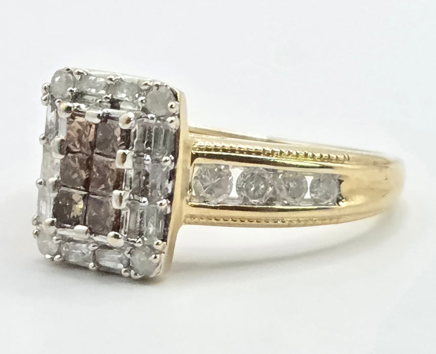 Vintage: 9ct Yellow Gold Cognac & White Diamond Cluster Ring — 1.24ct